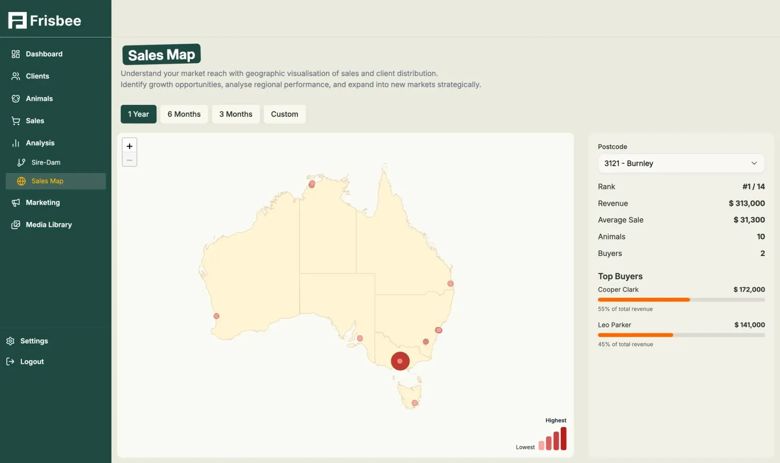 Frisbee sales analytics map