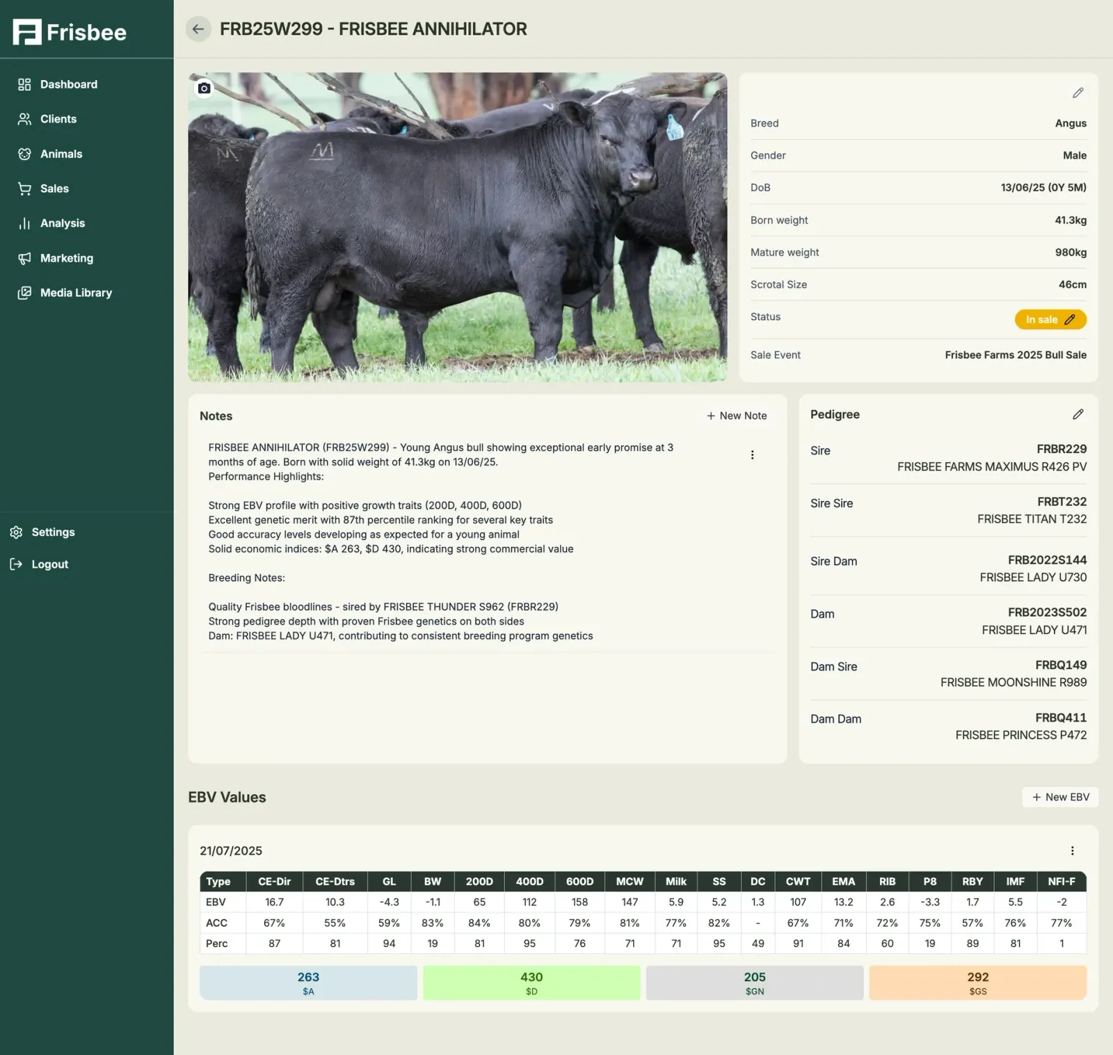 Animal Management — screenshot of the Frisbee platform