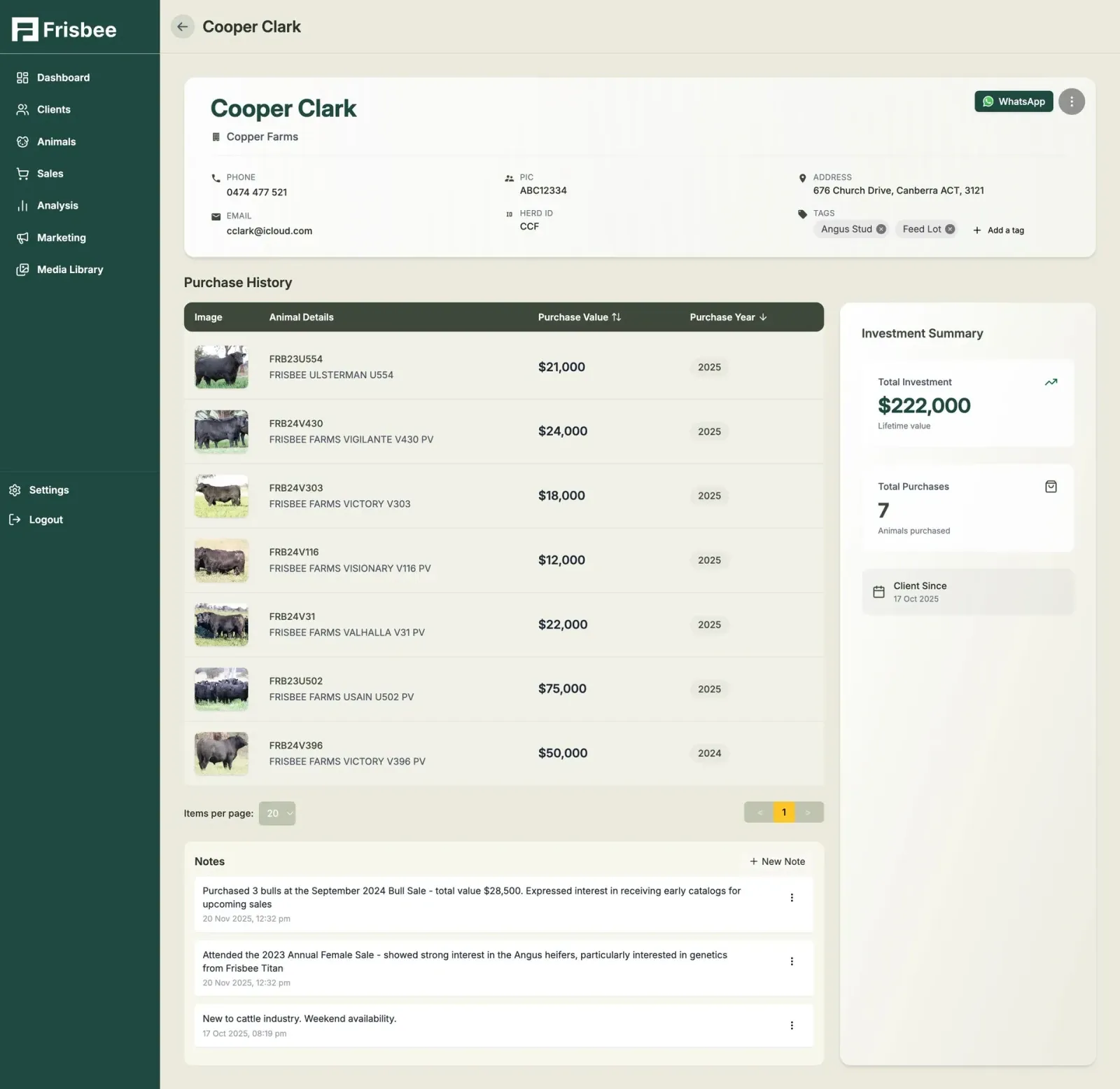 Client Relationships — screenshot of the Frisbee platform