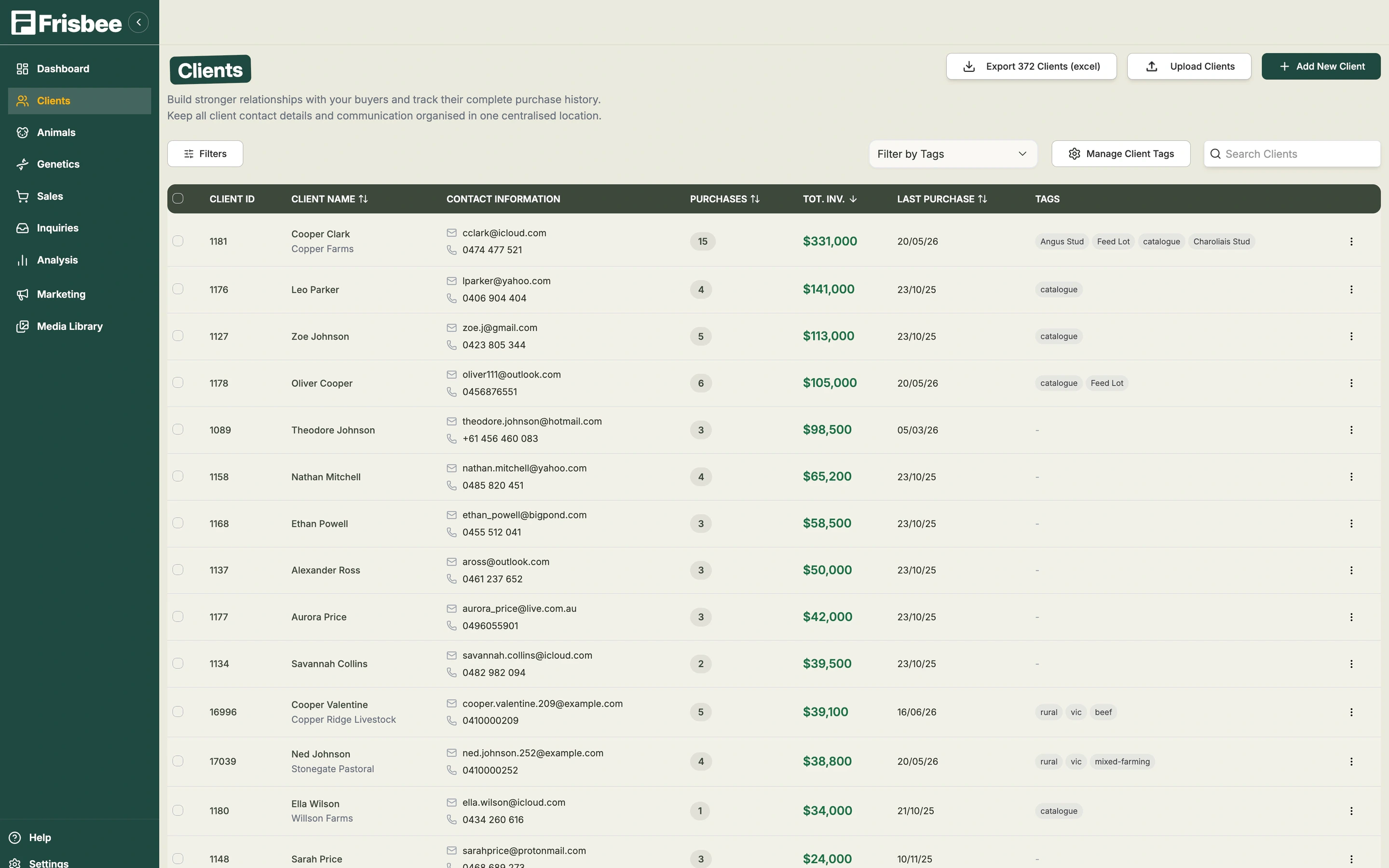 Frisbee CRM client list showing buyer database with purchase history and contact details