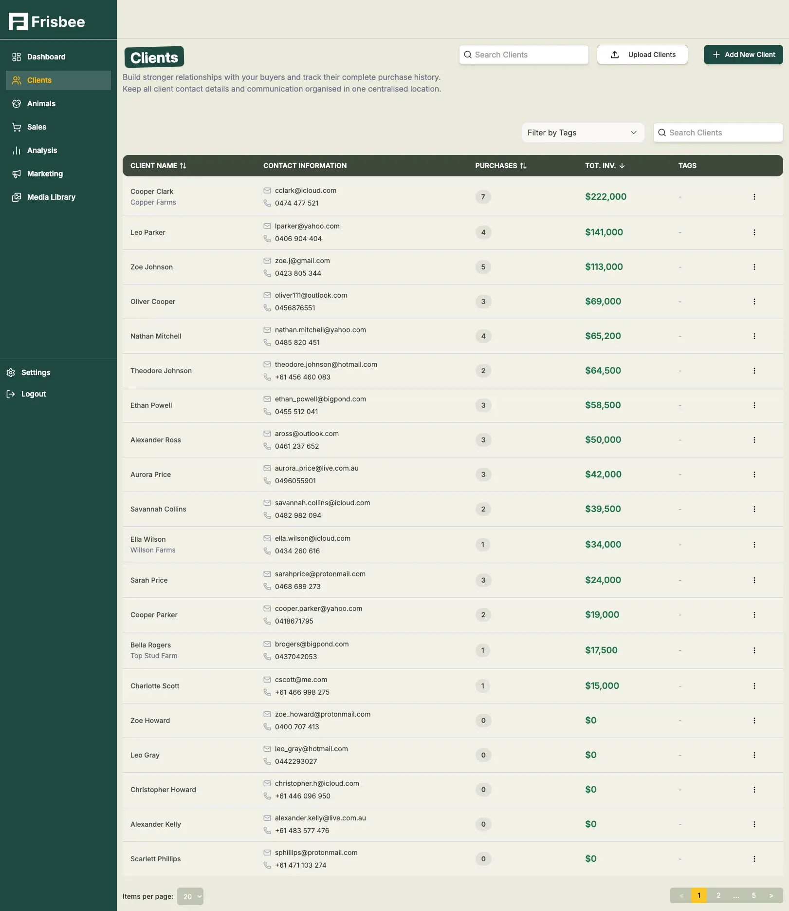 Frisbee client and enquiry list