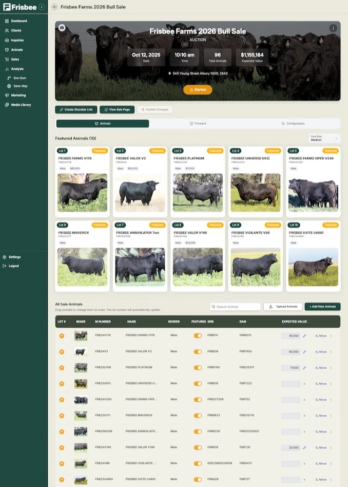 Frisbee sale catalogue tools showing lot listings inside the app