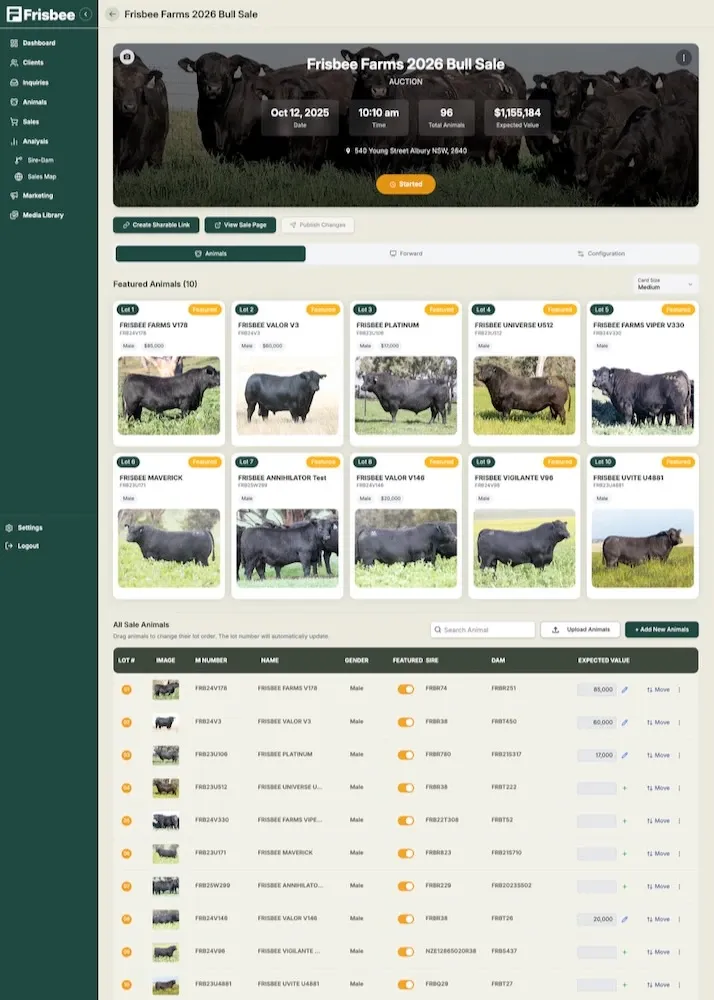 Frisbee app sale management view — manage your catalogue, featured animals, and lot order from one dashboard