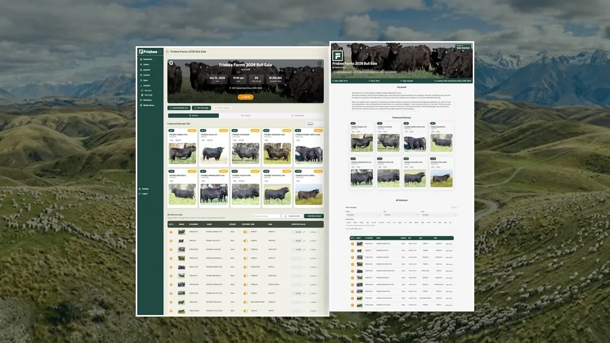 Frisbee digital sale catalogue showing admin and public buyer views overlaid on Australian pastoral landscape