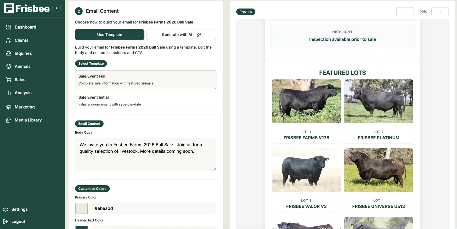 Email Marketing — screenshot of the Frisbee platform