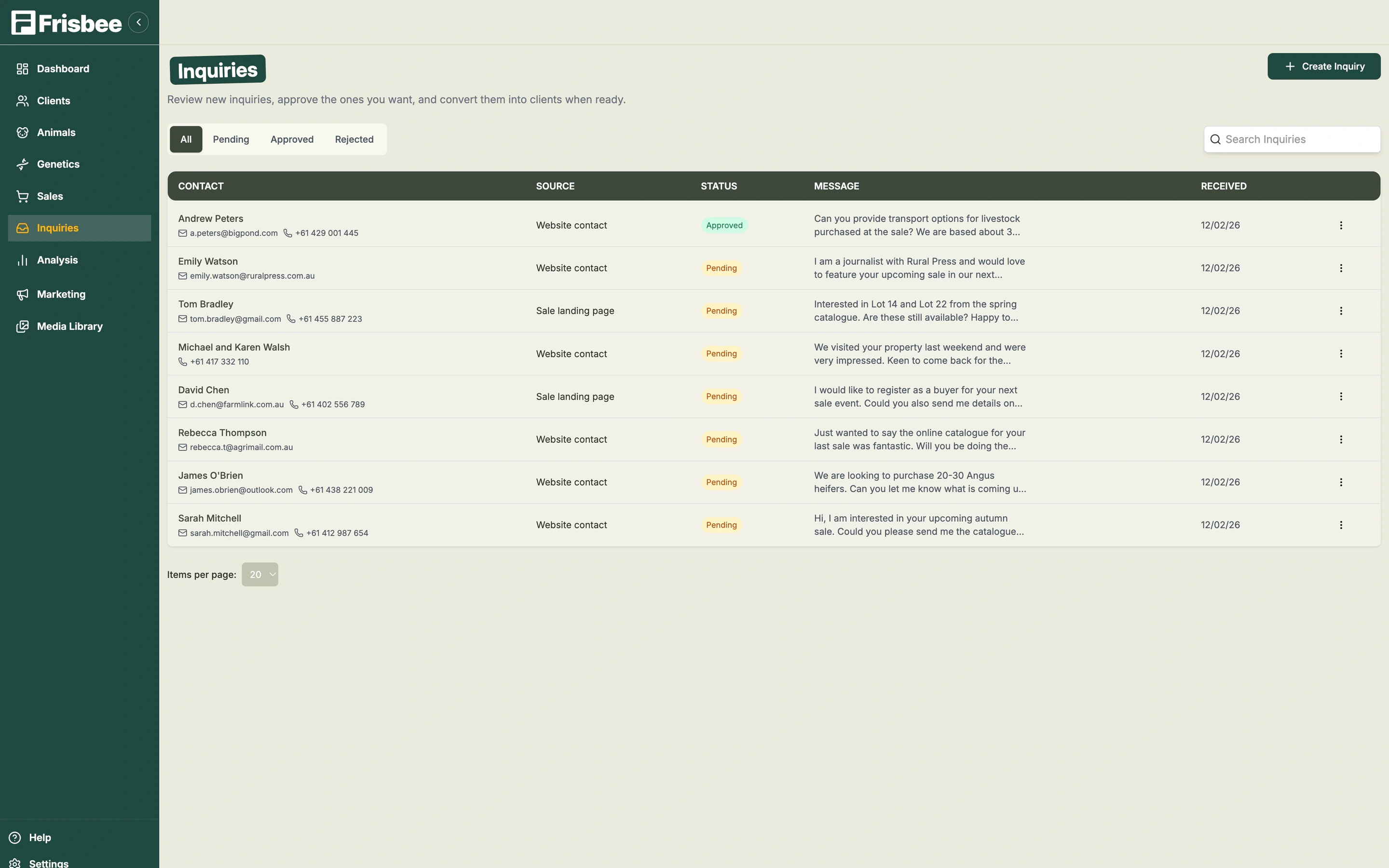 Frisbee enquiry inbox with buyer messages and follow-up statuses