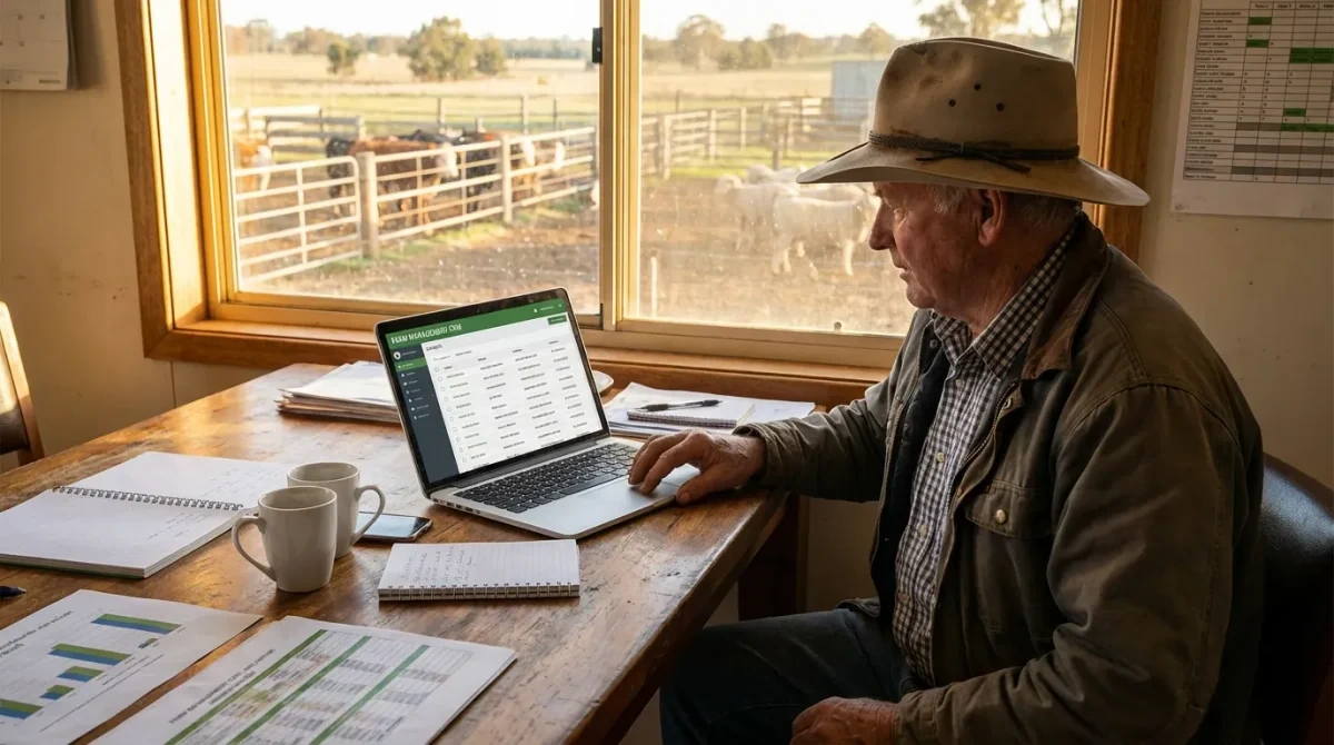Farmer managing stud data on computer