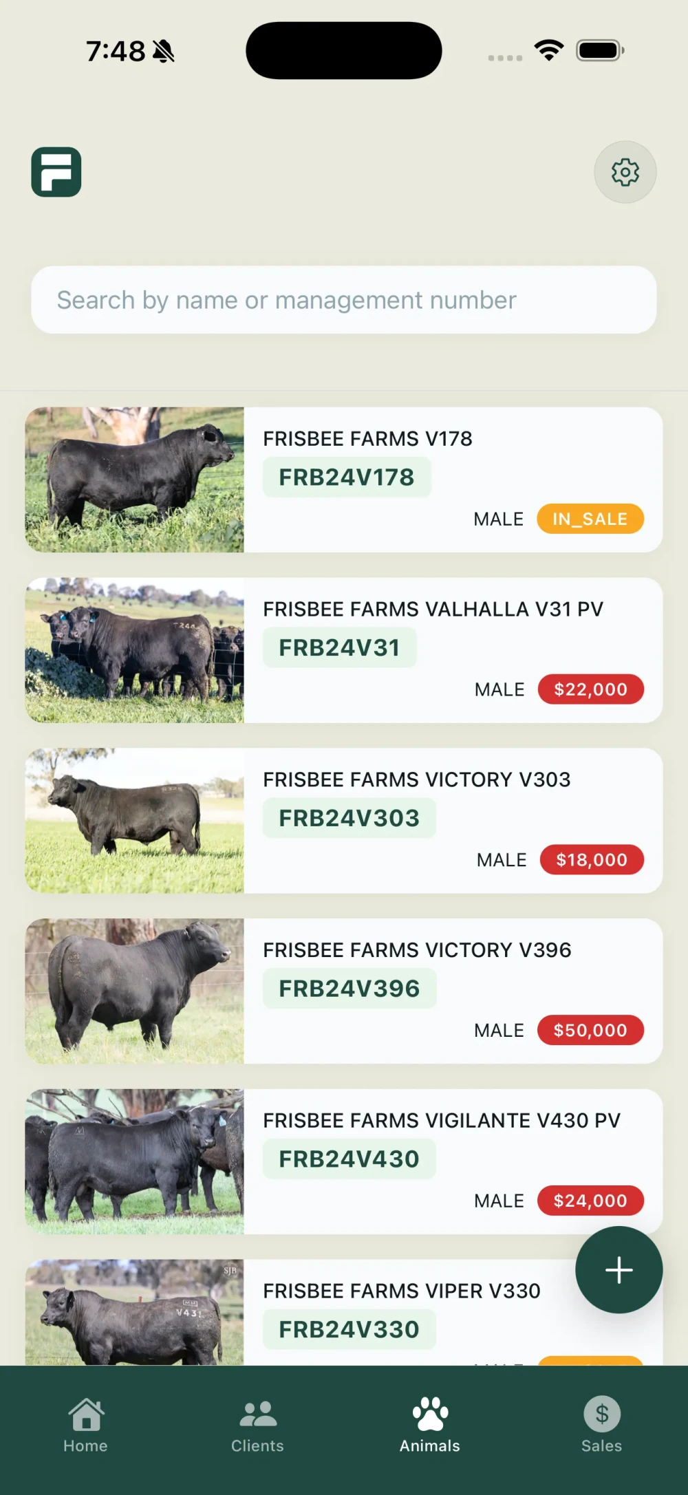 Frisbee animal list on iPhone with searchable cards showing tag numbers, sale status, and prices.