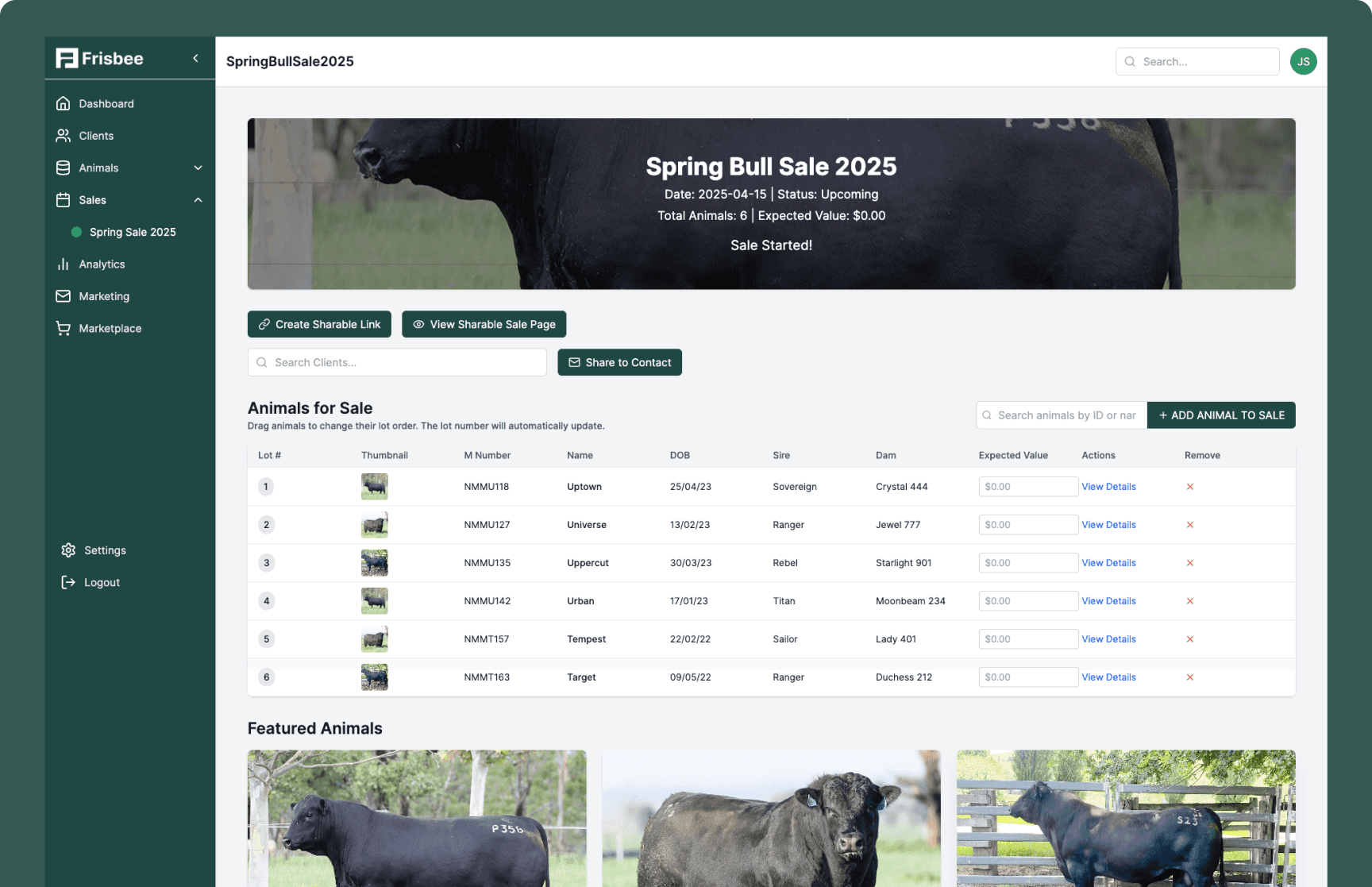 Frisbee App Sales CRM Page