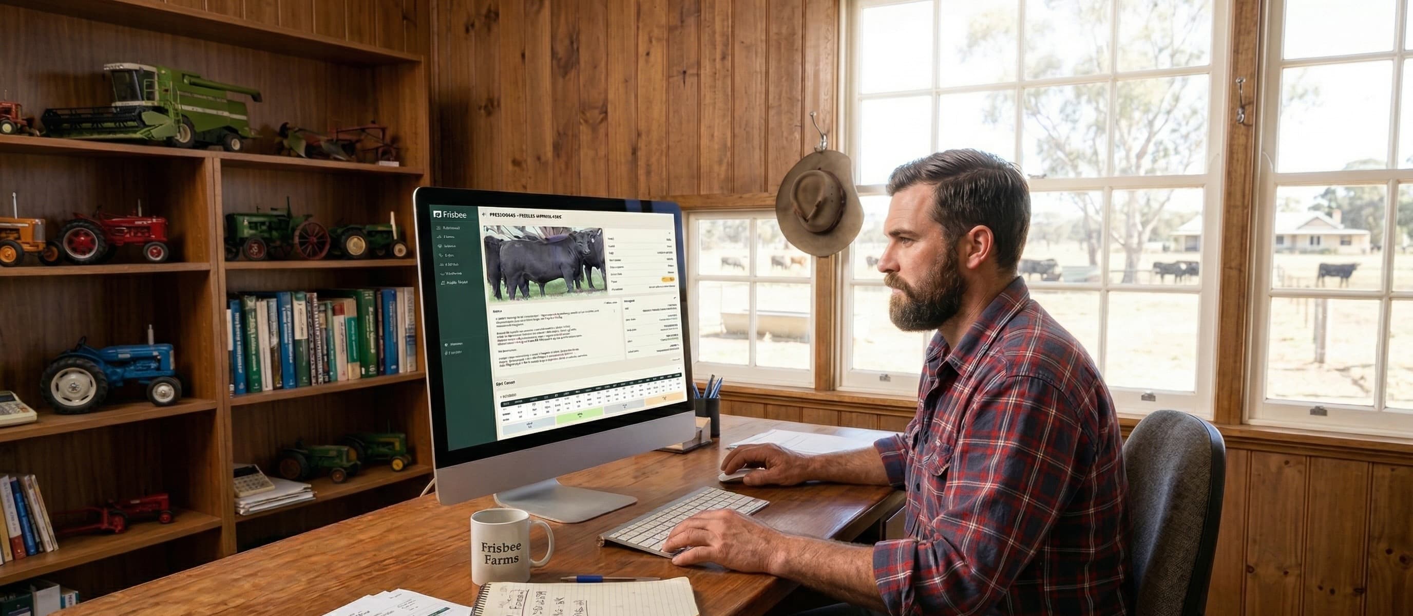 Australian livestock producer reviewing centralised animal records on a laptop