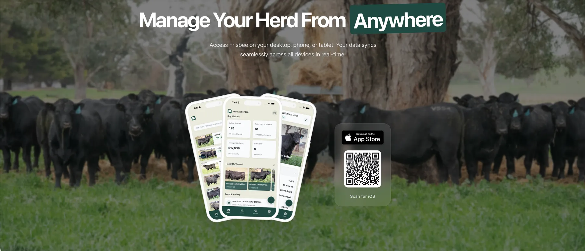 Frisbee livestock management app on iPhone showing animal records