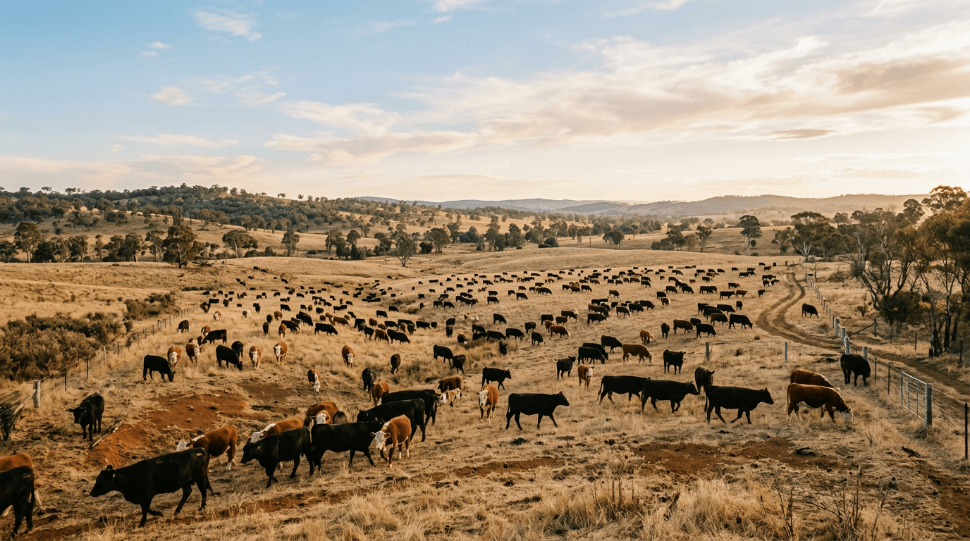 Australian cattle grazing on dry pastoral land representing the 2026 beef production outlook