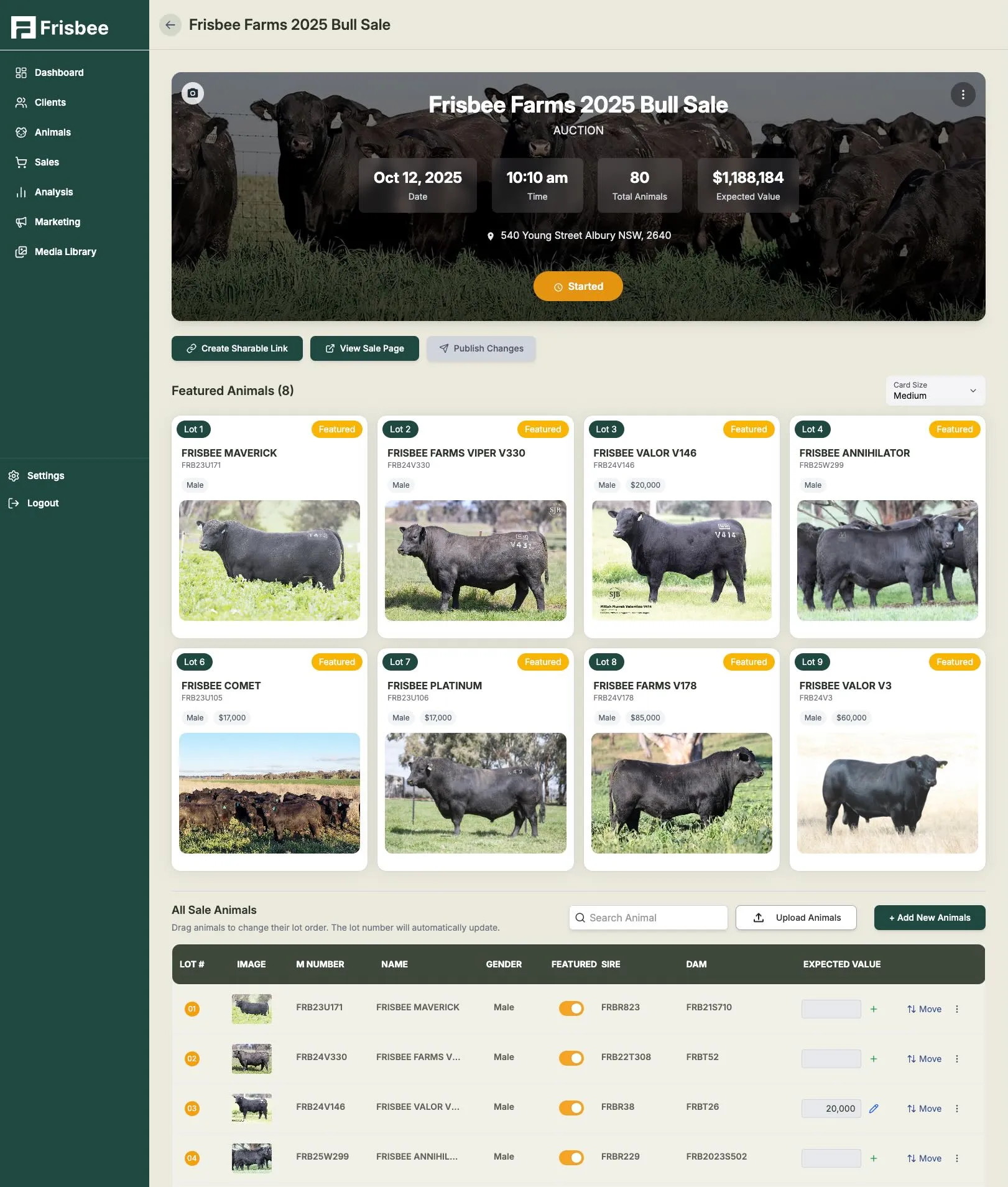Frisbee sales dashboard showing live auction tracking, lot management and sale analytics
