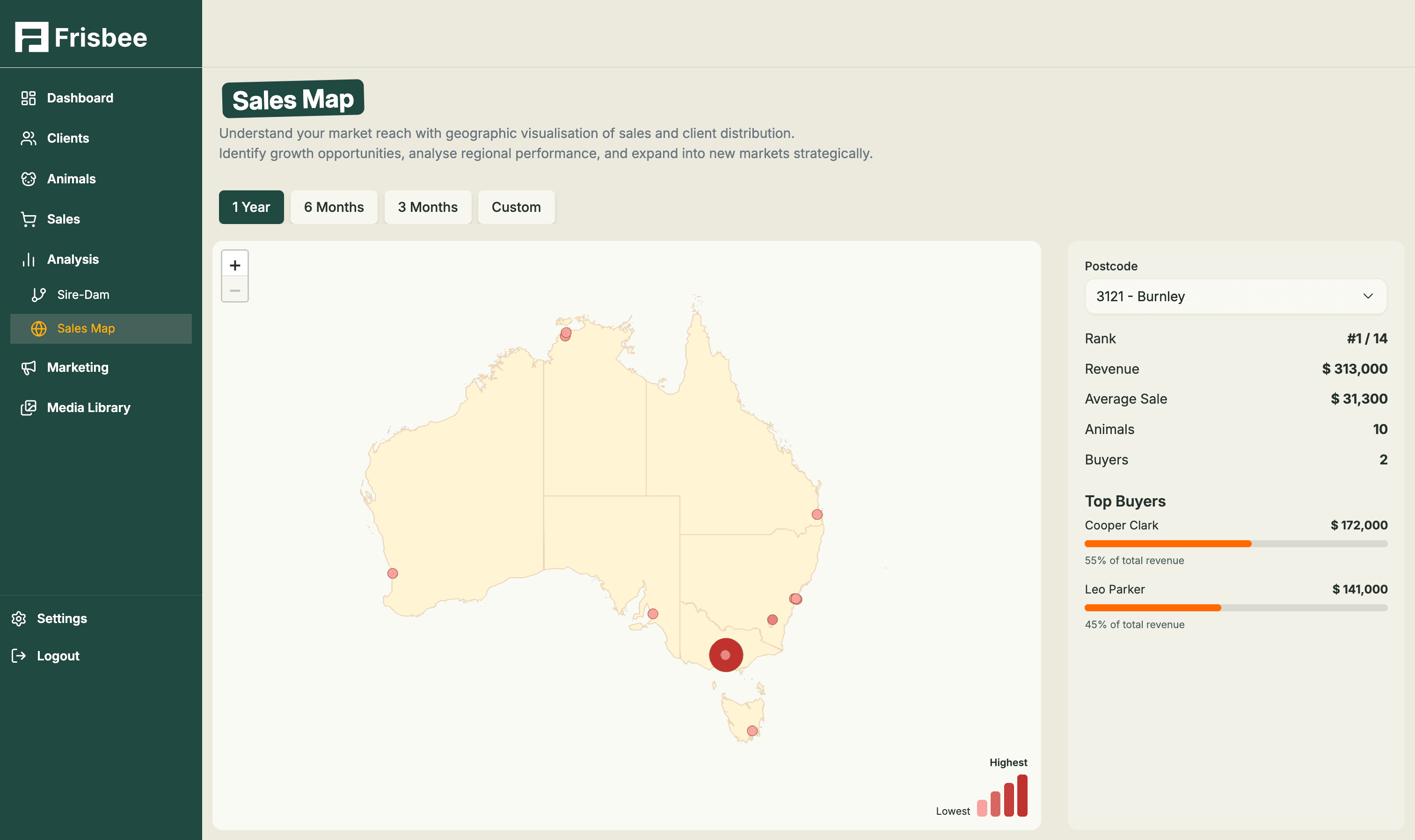 Frisbee marketing analytics showing geographic buyer distribution and campaign engagement