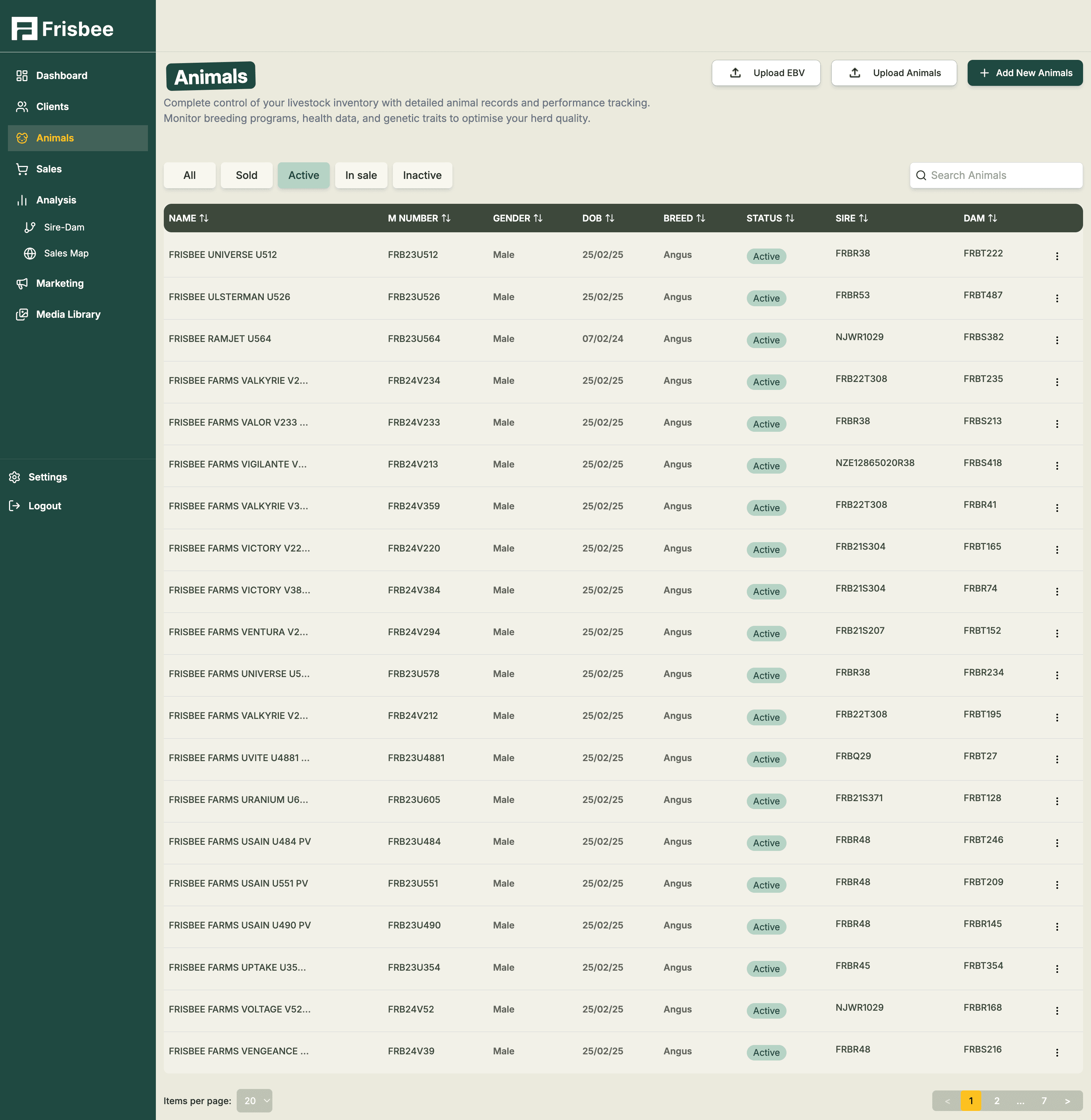 Frisbee cattle breeding software animal list showing comprehensive records