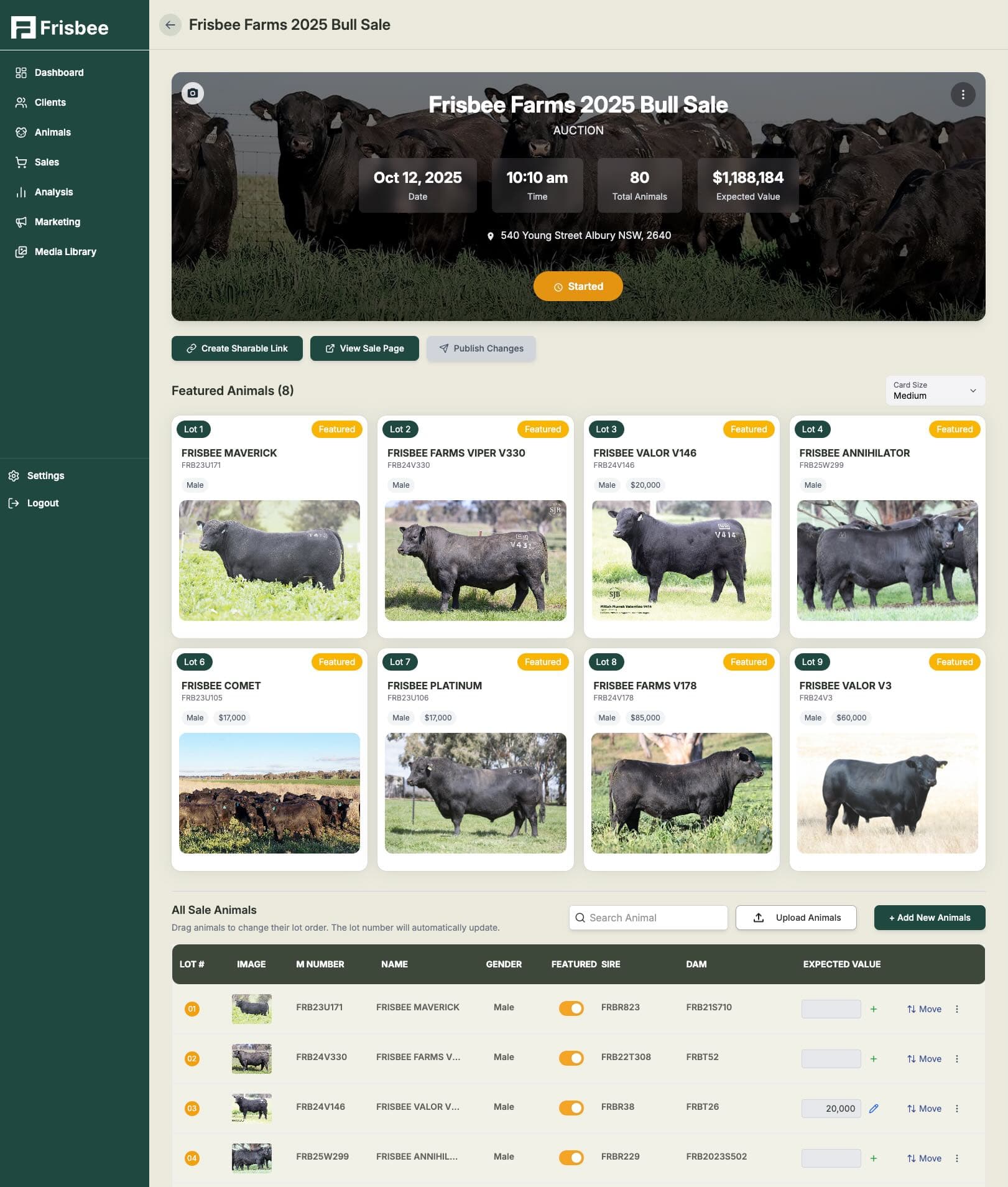 Frisbee sales dashboard showing live auction tracking, lot management and sale analytics