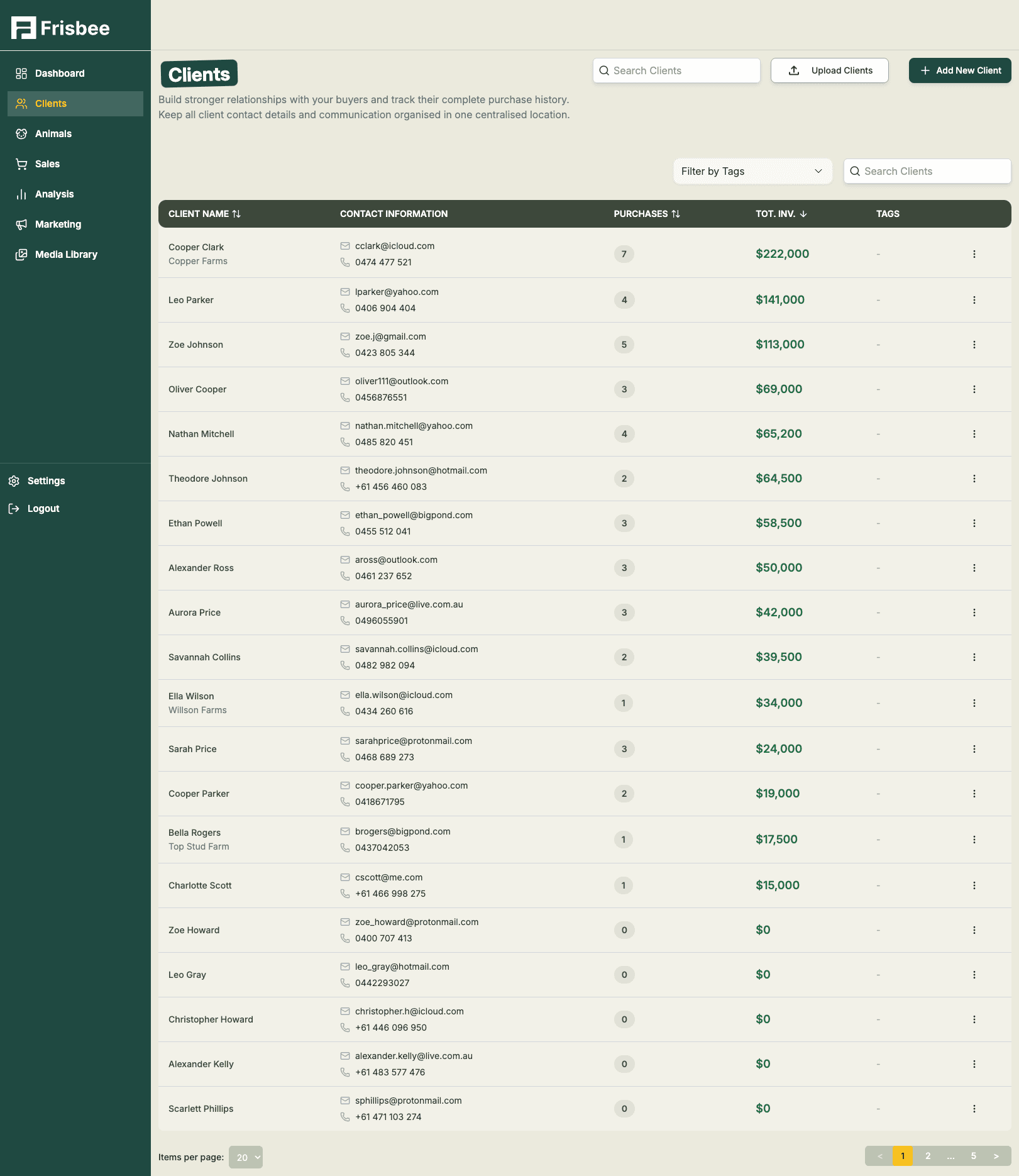 Frisbee CRM client list showing buyer database with purchase history and contact details