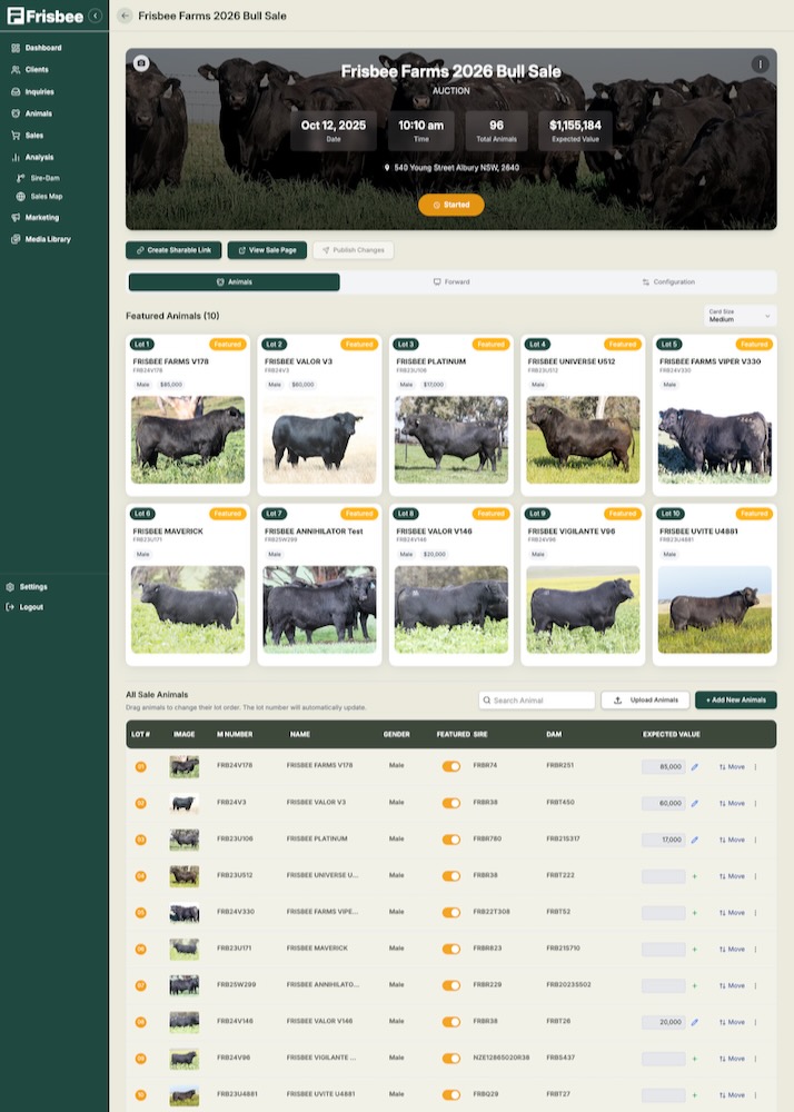 Frisbee app sale management view — manage your catalogue, featured animals, and lot order from one dashboard