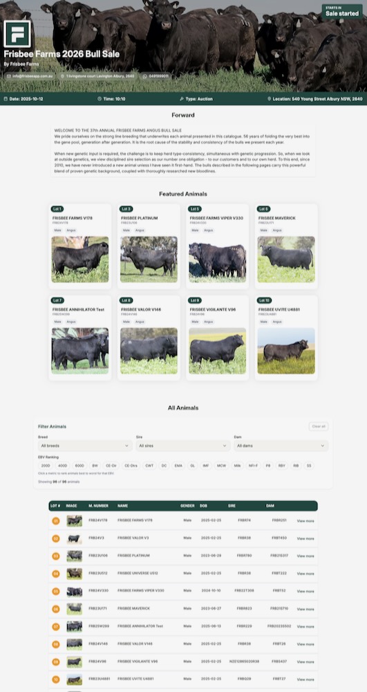 Public-facing digital sale catalogue — buyers can browse featured animals, filter by breed, sire, or EBV, and view each lot on any device